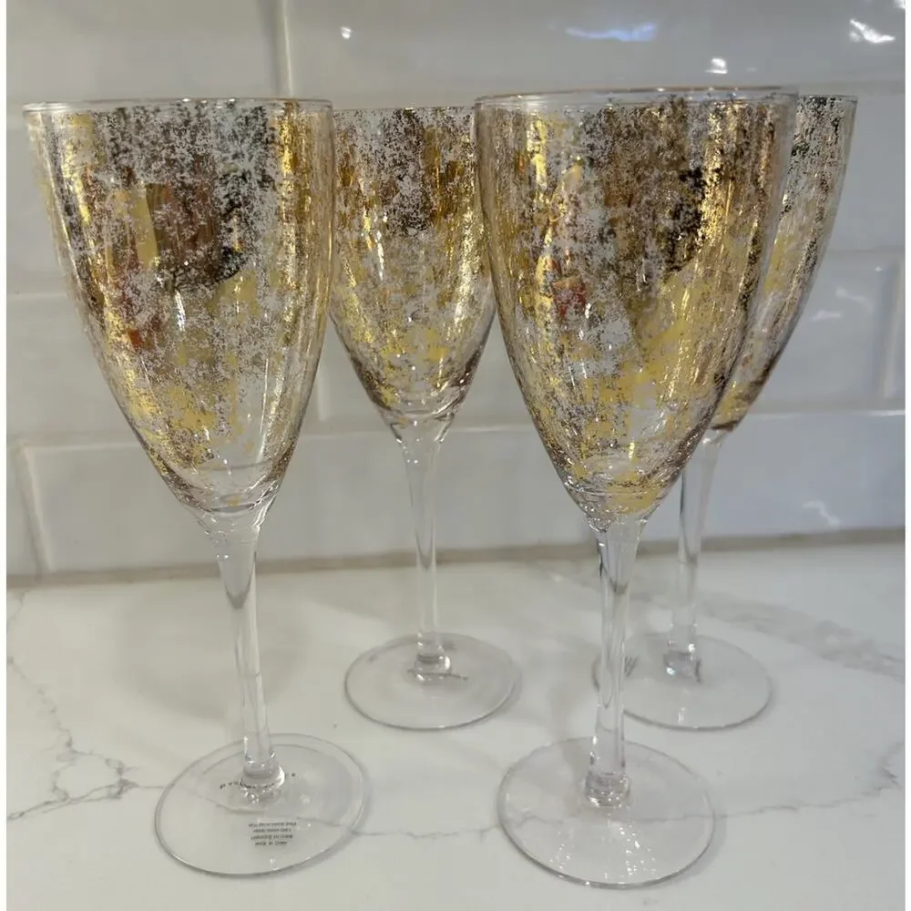 ANTHROPOLOGIE WINE GLASSES SET OF 4 Gold Foiled 9.25” Wine‎ Glasses No 53216743